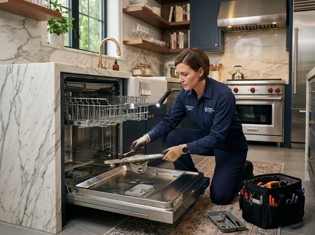 Appliance Repair Hero technician servicing a built-in dishwasher in a Allendale, MI kitchen