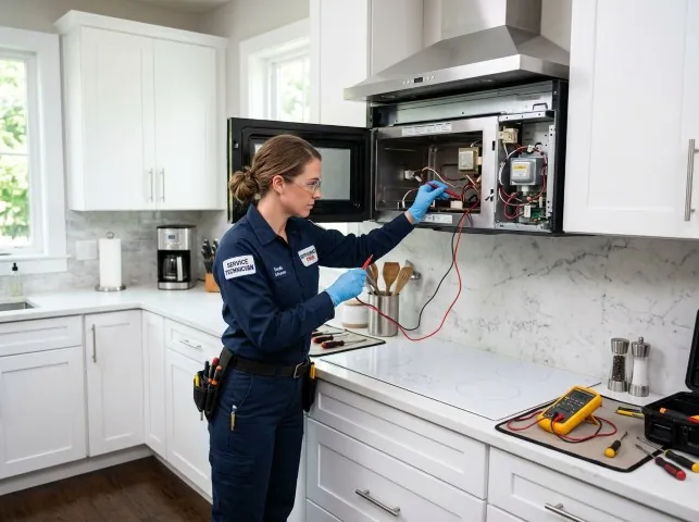Appliance Repair Hero technician testing an over-the-range microwave in a Allendale, MI kitchen